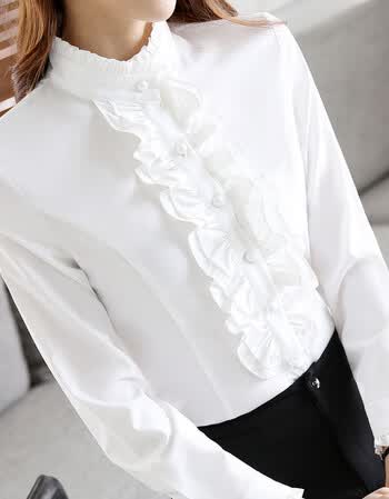 大码立领荷叶边花边白衬衣职业衬衫女长袖工装酒店前台工作服zf 白色