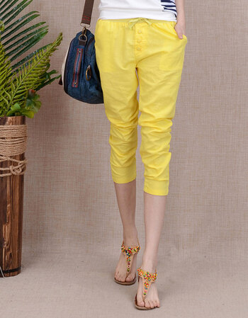 芮丽娅2014新款糖果色亚麻休闲七分哈伦裤女夏款薄显瘦系带松紧腰韩版