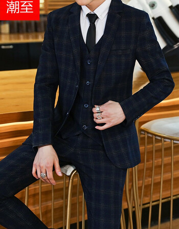 无头2018春装 21西服套装男士西服三件套格子结婚-p225 灰色 l