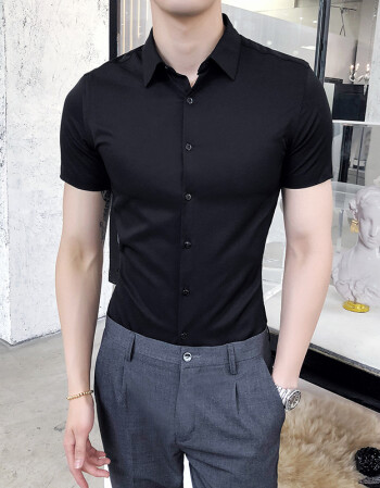 短袖衬衫男夏季韩版修身商务休闲寸衫发型师男士职业纯色衬衣 黑色 xl