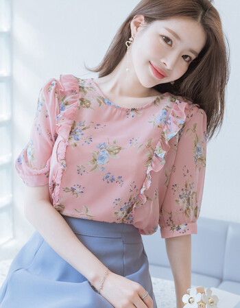 夏尔维纳碎花雪纺衫短袖女夏装2018新款潮荷叶边雪纺上衣印花超仙甜美