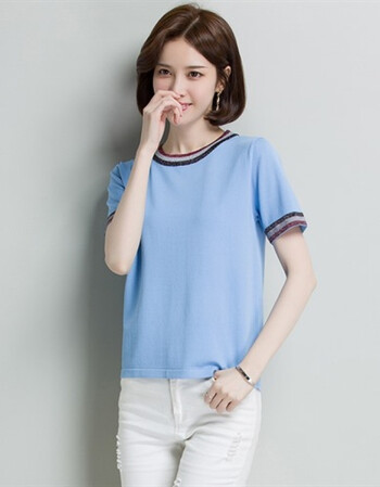 画碧 针织t恤女2018夏季新款圆领宽松冰麻名族风条纹边短袖上衣品牌