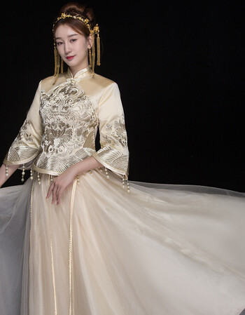 金色秀禾服新娘2018夏季新款中式礼服敬酒服古装婚纱水晶纱裙薄款