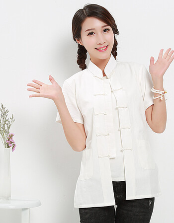 唐装女夏装短袖夏季盘扣上衣文艺古装复古民族风中国风修身汉服 白色