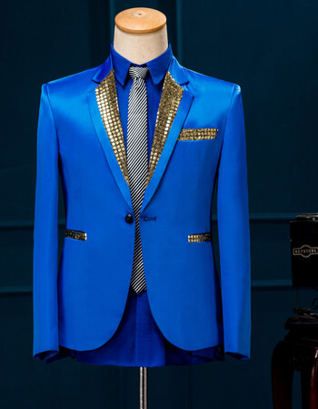 新款亮片西服套装修身舞台 大合唱演出服男士礼服歌手主持人服装 蓝色
