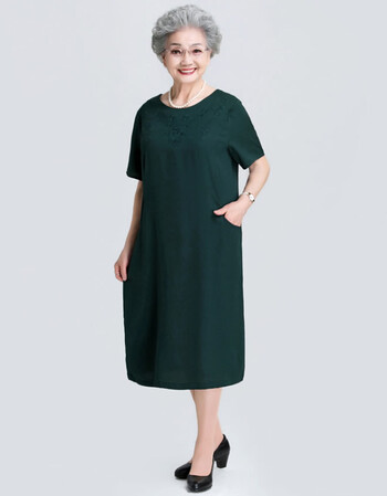 老年人夏装妈妈装连衣裙女60-70岁奶奶真丝缎裙子80老人短袖长裙 墨