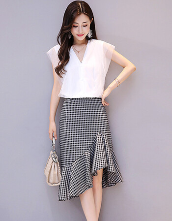 汇挑2018新款小香风夏季心机套装女30-40岁贵妇v领雪纺衫鱼尾裙两件套