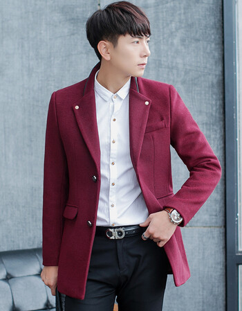 2015秋冬新款韩版修身羊毛尼大衣 男士羊毛西装外套 酒红色 xxxl