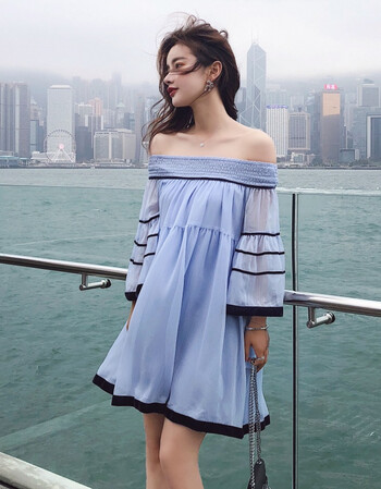 2018夏装新款一字领宽松雪纺ins仙连衣裙温柔风抹胸中长款裙子 浅蓝色