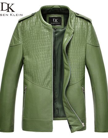 杜森·克莱恩真皮皮衣男式休闲立领绵羊皮抗皱男士皮夹克外套 军绿色