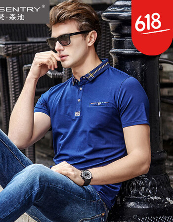 2018夏季新款中年欧美简约polo衫薄款男士体恤衫 蓝色 180/xl