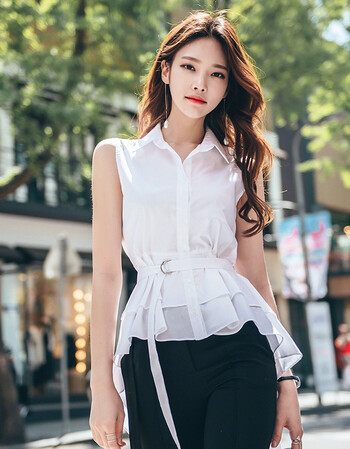 夏装衬衣女2018新款韩范百搭不规则燕尾前短后长衬衫女收腰sx 米白色