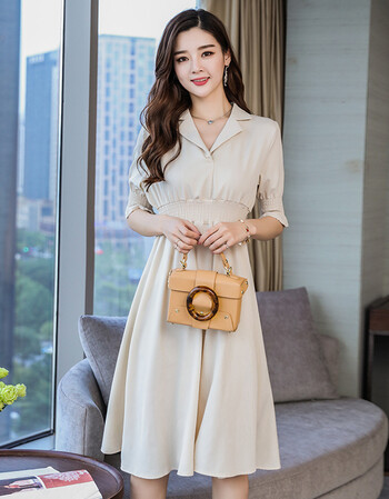 2018夏装新款v领高腰雪纺连衣裙女中长款气质显瘦a字裙冷淡风裙子 米