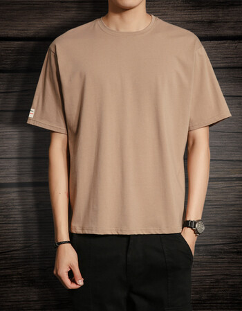 2018夏款男t恤圆领短袖简约刺绣工艺纯色t恤休闲大码短袖男潮 卡其色