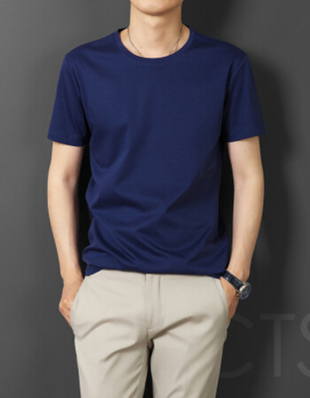 丝光棉男士短袖圆领t恤冰丝潮流纯棉男装中年爸爸宽松衣服衫 深蓝色