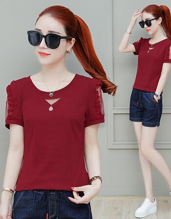 女短袖2018新款潮女装夏装网纱上衣夏季女士气质修身显瘦衣服 酒红色
