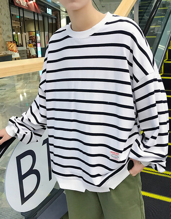 黑白条纹卫衣男士潮流韩版宽松bf外套学生分叉上衣斑马线衣服 w03白色