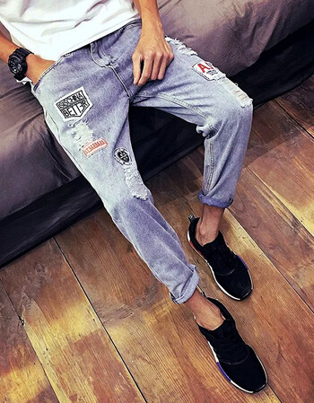 潮男新款韩修身复古黑破洞小脚牛仔九分裤男社会精神小伙快手网红 07