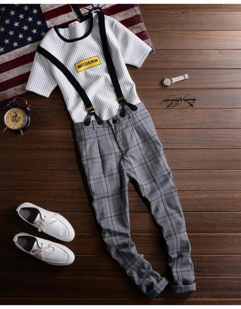 夏季潮流英伦休闲九分裤男潮青年条纹吊带裤男修身小脚韩版背带裤 浅