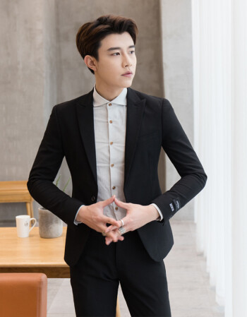 韩国西服套装男士韩版修身小西装青年职业商务正装英伦休闲 黑色 52