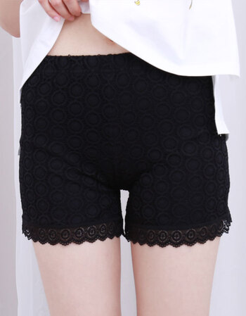 新款防走光圆圈安全裤女外穿打底裤三分裤保险裤少女蕾丝短裤 黑色