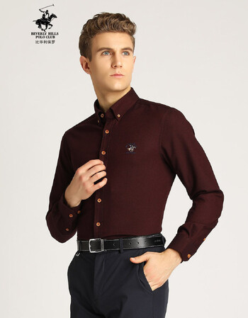 比华利保罗beverly hills polo club 羊毛混纺柔软舒适长袖衬衫 酒红