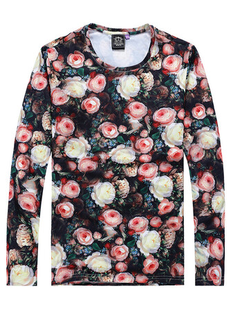 2018新款长袖花式图案t恤碎花圆领全身花衣服发型师男女修身潮体恤 烟