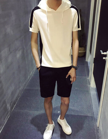 休闲套装男夏装短袖短裤社会小伙白衣服搭配黑裤子一整套男夏季男装