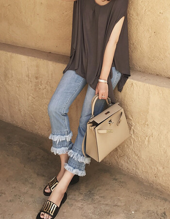 fandango2018小辣椒夏季流苏微喇九分牛仔裤 浅蓝 xs