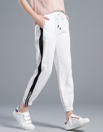 白色束脚运动裤女裤子9九分裤学生韩版宽松休闲裤夏季薄款哈伦裤 白色