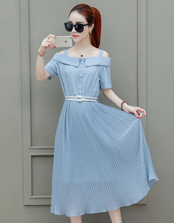 一字肩牛仔拼接雪纺连衣裙女2018夏装新款潮流气质中长款夏天裙子6