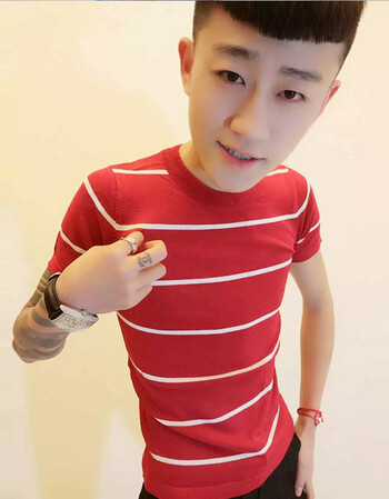 快手网红同款短袖男t恤修身简约条纹社会人精神小伙针织半袖男潮 红色