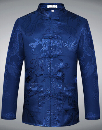 唐装长袖男中式宽松爷爷装中老年人爸爸上衣中国风汉服 大龙蓝色上衣