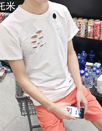 尚托米2016新款乞丐破洞设计圆领修身短袖t恤男 白色 m