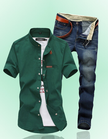 男士复古修身立领短袖紧身韩版牛仔小脚裤搭配套装男 绿色 m裤子28-29
