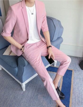 夏天西服套装男粉色两件套七分袖男士西装一套韩版修身发型师潮 粉色
