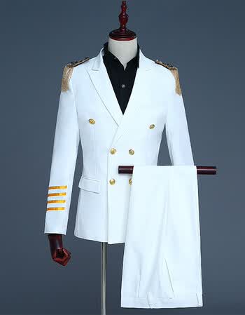 男机长服军装西服双排扣套装礼服流苏肩章个性演出服主持dj西装 白色