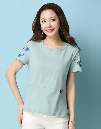 纯棉t恤女短袖妈妈夏装2018新款宽松上衣大码衣服百搭印花体恤 浅蓝