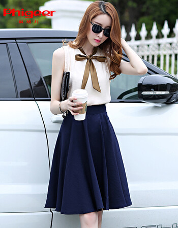 徽格儿 2016夏季新款雪纺两件套连衣裙女中长款修身无袖套装裙潮 上米