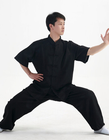 短袖夏款青少年中老年太极拳练功服男女武术表演服装 短袖黑色不绣花