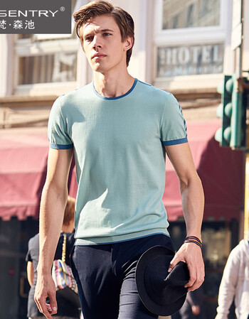 条纹t恤上衣男 2018夏季新款青年个性时尚复古风男士薄款体恤 雾青色