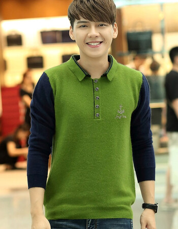 草原娇子2015秋冬新款套头休闲立领韩版修身男士羊绒衫拼色加厚衬衣
