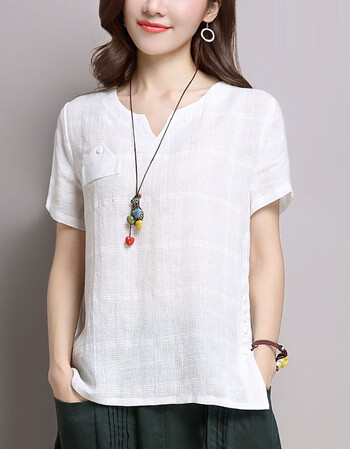 棉麻上衣女士夏装短袖t恤女2018新款时尚亚麻棉衬衫体恤女半袖潮吖丽