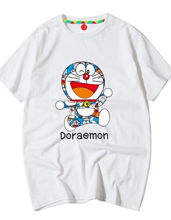 小清新t恤女短袖夏季宽松学生情侣卡通可爱叮当猫衣服定制 白色-彩色