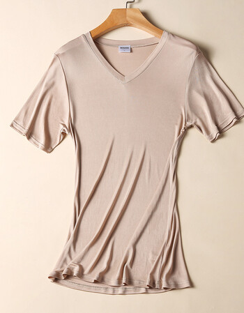 真丝短袖t恤男真丝t恤男士夏季v领短袖运动汗衫居家睡衣休闲打底衫桑