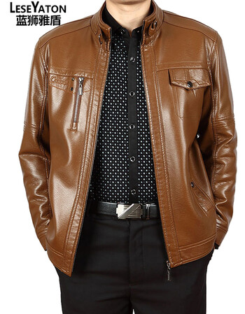 蓝狮雅盾皮衣男春秋中年男士皮夹克立领大码外套 棕色(加绒) 180(xl)