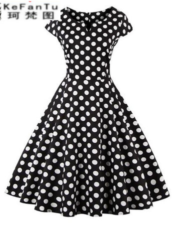 珂梵图欧美赫本复古波点印花加大码显瘦高腰中长款大摆礼服打底连衣裙