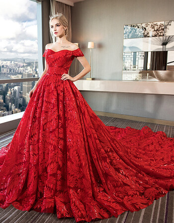 一字肩婚纱礼服2018新款欧美长拖尾红色大码孕妇新娘结婚夏季 拖尾