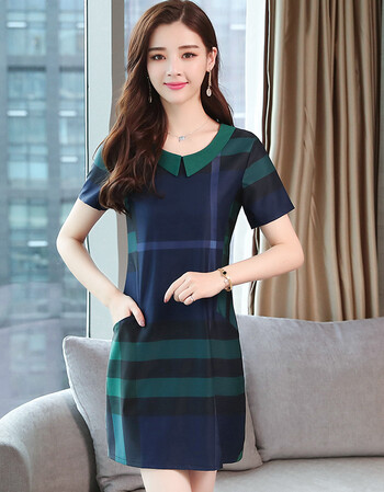 舞羿30-40岁微胖女娃娃领连衣裙夏年轻妈妈大码藏肉显瘦包臀直筒裙子