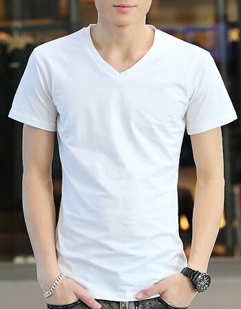 男士短袖t恤v领夏季鸡心上衣服冰丝宽松薄款修身体桖纯白丅土潮流